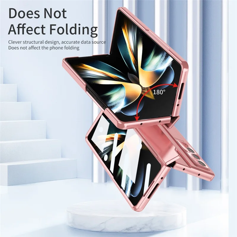 Pour Samsung Galaxy Z Fold4 5G Téléphone Pliant Cover Kickstand Design PC Case Avec Film D'objectif et Film D'écran - Rose