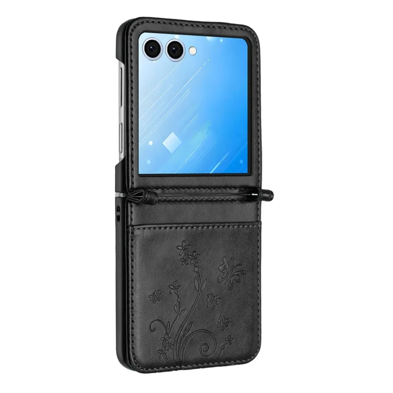 Capa para Samsung Galaxy Z Flip8 com Borboleta e Flor em Couro Impresso com Alça de Pulso - Preto