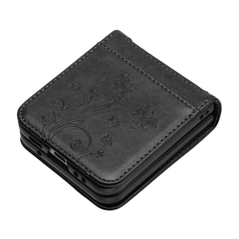 Capa para Samsung Galaxy Z Flip8 com Borboleta e Flor em Couro Impresso com Alça de Pulso - Preto