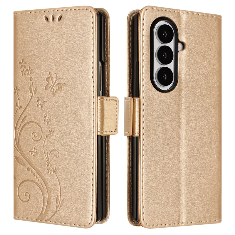 For Samsung Galaxy Z Fold8 Ultra Leather Wallet Case Butterfly Flower Imprinted Phone Cover with Strap - Gold