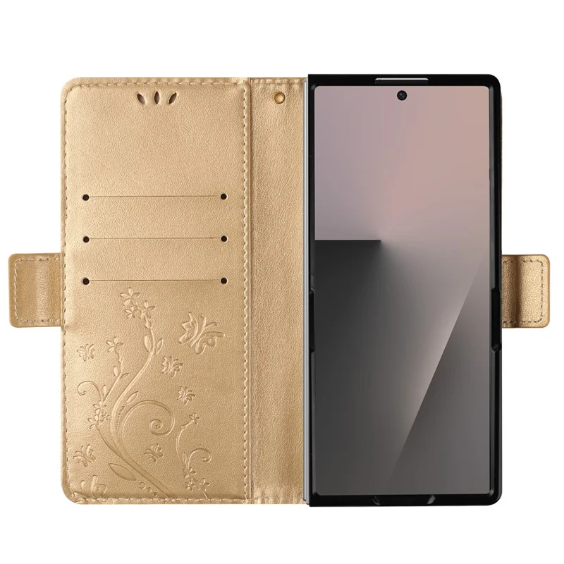 For Samsung Galaxy Z Fold8 Ultra Leather Wallet Case Butterfly Flower Imprinted Phone Cover with Strap - Gold