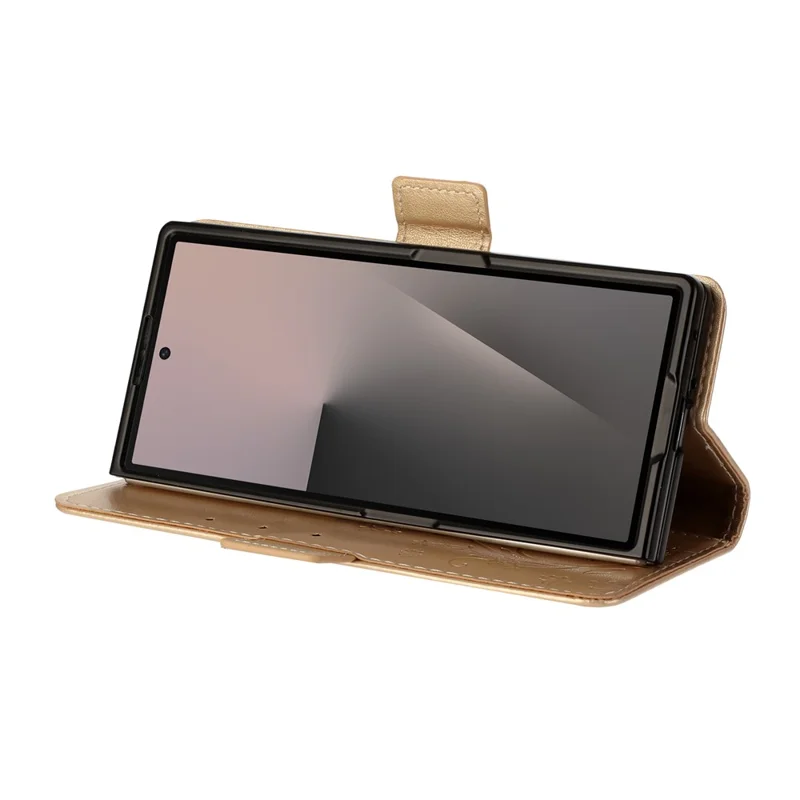 For Samsung Galaxy Z Fold8 Ultra Leather Wallet Case Butterfly Flower Imprinted Phone Cover with Strap - Gold