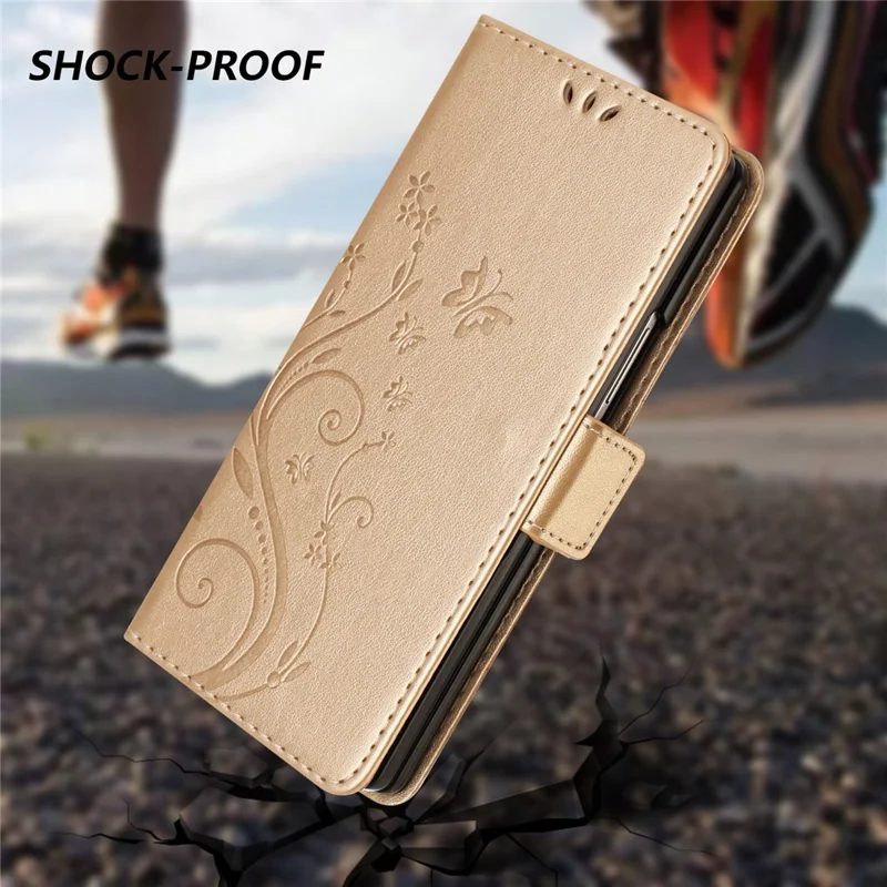 For Samsung Galaxy Z Fold8 Ultra Leather Wallet Case Butterfly Flower Imprinted Phone Cover with Strap - Gold