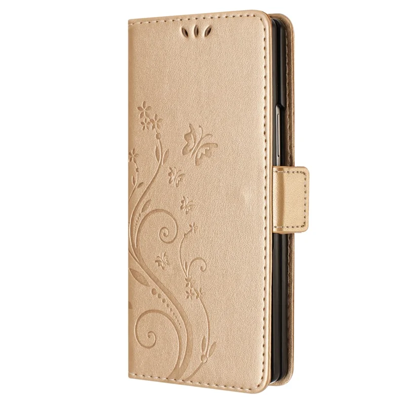 For Samsung Galaxy Z Fold8 Ultra Leather Wallet Case Butterfly Flower Imprinted Phone Cover with Strap - Gold