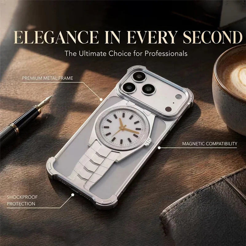 For iPhone 17 Pro Max Magnetisch Hoesje Creatief Horloge-ontwerp TPU + Legering Frame Stootvast Telefoonhoesje - Zilver