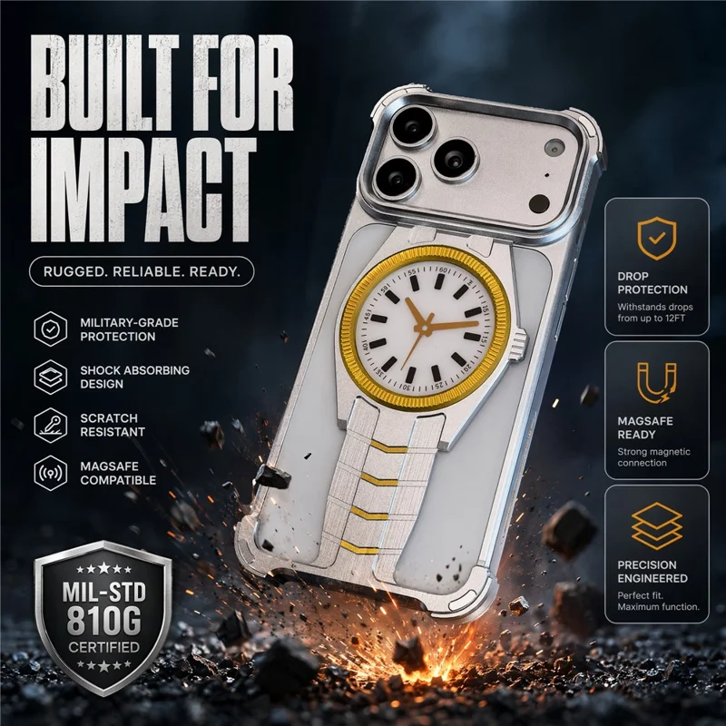 For iPhone 17 Pro Max Magnetisch Hoesje Creatief Horloge-ontwerp TPU + Legering Frame Stootvast Telefoonhoesje - Zilver