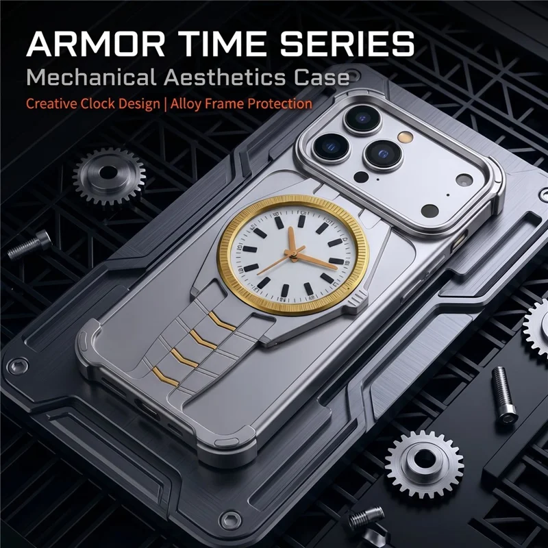 For iPhone 17 Pro Max Magnetisch Hoesje Creatief Horloge-ontwerp TPU + Legering Frame Stootvast Telefoonhoesje - Zilver