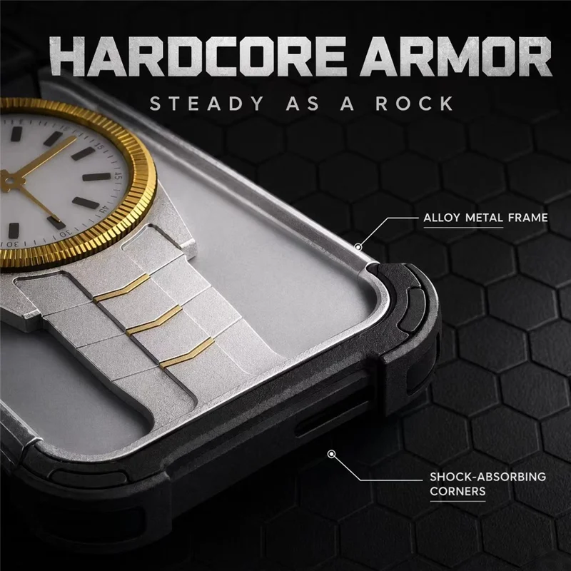 For iPhone 17 Pro Max Magnetisch Hoesje Creatief Horloge-ontwerp TPU + Legering Frame Stootvast Telefoonhoesje - Zilver