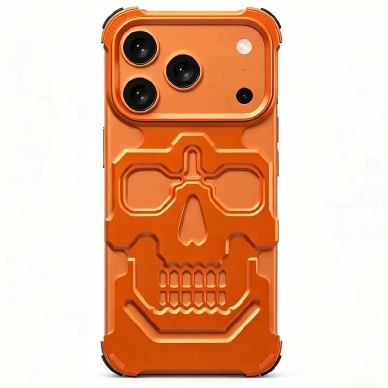 Capa para iPhone 17 Pro Max com Design de Armadura de Caveira, Proteção contra Quedas, Capa Rígida em Liga de Alumínio - Laranja