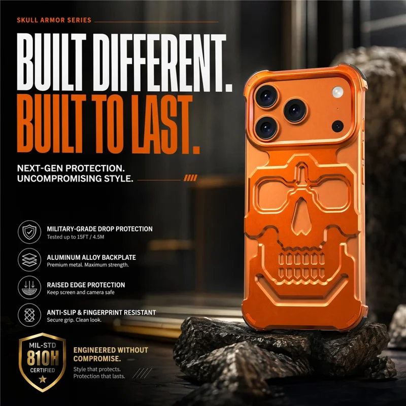 Capa para iPhone 17 Pro Max com Design de Armadura de Caveira, Proteção contra Quedas, Capa Rígida em Liga de Alumínio - Laranja