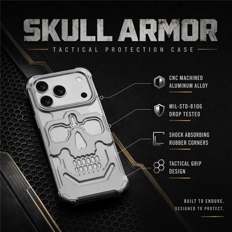 Capa para iPhone 17 Pro Max com Design de Armadura de Caveira, Proteção contra Quedas, Capa Rígida em Liga de Alumínio - Laranja