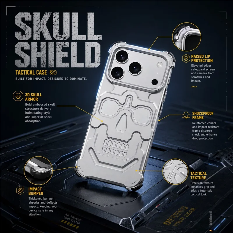 Capa para iPhone 17 Pro Max com Design de Armadura de Caveira, Proteção contra Quedas, Capa Rígida em Liga de Alumínio - Laranja