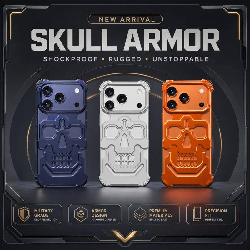 Capa para iPhone 17 Pro Max com Design de Armadura de Caveira, Proteção contra Quedas, Capa Rígida em Liga de Alumínio - Laranja