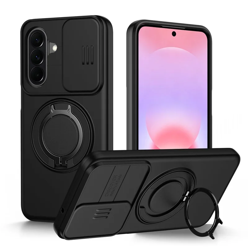 For Samsung Galaxy A27 Case Magnetic Case Ring Kickstand Slide Camera Cover TPU PC Hybrid Phone Shell - Black