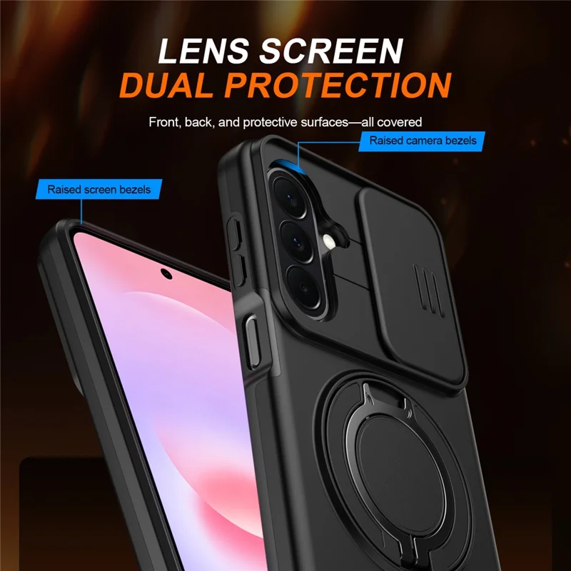 For Samsung Galaxy A27 Case Magnetic Case Ring Kickstand Slide Camera Cover TPU PC Hybrid Phone Shell - Black