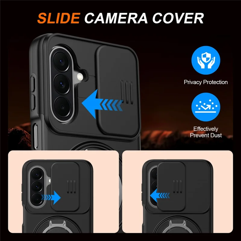 For Samsung Galaxy A27 Case Magnetic Case Ring Kickstand Slide Camera Cover TPU PC Hybrid Phone Shell - Black