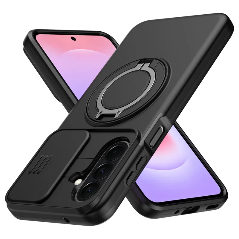 For Samsung Galaxy A27 Case Magnetic Case Ring Kickstand Slide Camera Cover TPU PC Hybrid Phone Shell - Black