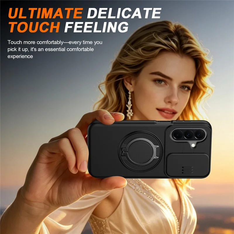 For Samsung Galaxy A27 Case Magnetic Case Ring Kickstand Slide Camera Cover TPU PC Hybrid Phone Shell - Black