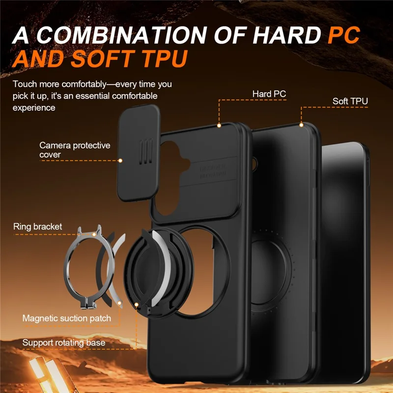 For Samsung Galaxy A27 Case Magnetic Case Ring Kickstand Slide Camera Cover TPU PC Hybrid Phone Shell - Black