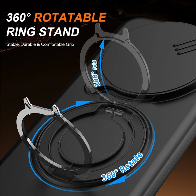For Honor X70 5G  /  X9d 5G  /  Magic8 Lite 5G Case Magnetic Case Ring Kickstand Slide Camera Cover TPU PC Hybrid Phone Shell - Black