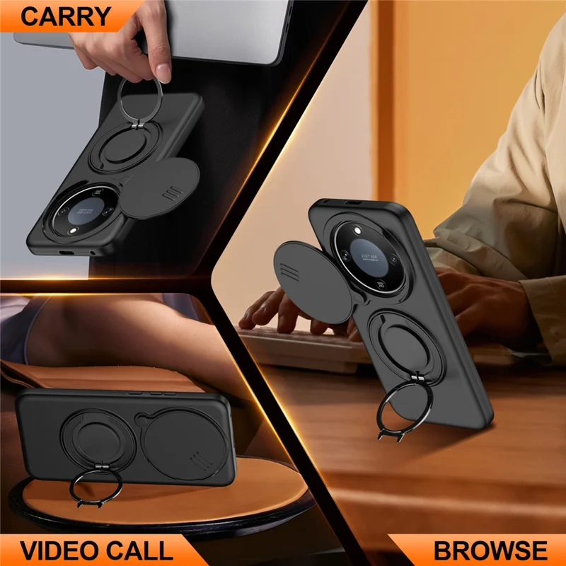 For Honor X70 5G  /  X9d 5G  /  Magic8 Lite 5G Case Magnetic Case Ring Kickstand Slide Camera Cover TPU PC Hybrid Phone Shell - Black