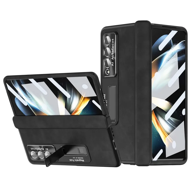 For Samsung Galaxy Z Fold4 5G Magnetic Hinge Kickstand Phone Case Nappa Texture PU Leather Coated PC Anti-Drop Cover with Tempered Glass Screen Film - Black