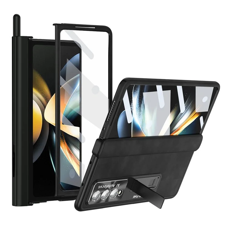 For Samsung Galaxy Z Fold4 5G Magnetic Hinge Kickstand Phone Case Nappa Texture PU Leather Coated PC Anti-Drop Cover with Tempered Glass Screen Film - Black