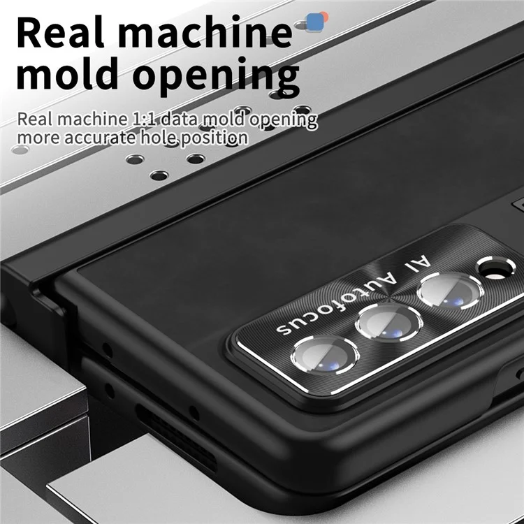 For Samsung Galaxy Z Fold4 5G Magnetic Hinge Kickstand Phone Case Nappa Texture PU Leather Coated PC Anti-Drop Cover with Tempered Glass Screen Film - Black