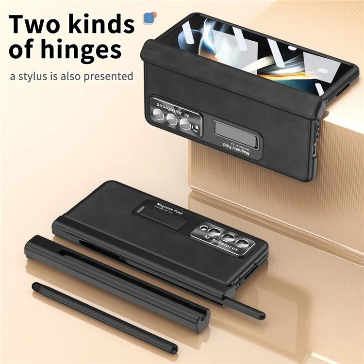 For Samsung Galaxy Z Fold4 5G Magnetic Hinge Kickstand Phone Case Nappa Texture PU Leather Coated PC Anti-Drop Cover with Tempered Glass Screen Film - Black