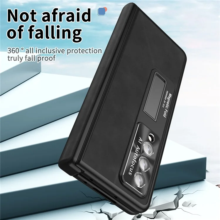 For Samsung Galaxy Z Fold4 5G Magnetic Hinge Kickstand Phone Case Nappa Texture PU Leather Coated PC Anti-Drop Cover with Tempered Glass Screen Film - Black