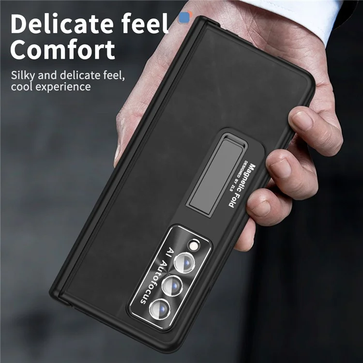 For Samsung Galaxy Z Fold4 5G Magnetic Hinge Kickstand Phone Case Nappa Texture PU Leather Coated PC Anti-Drop Cover with Tempered Glass Screen Film - Black