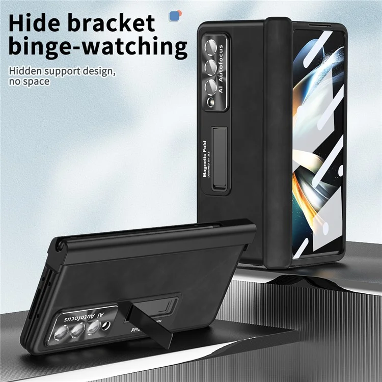 For Samsung Galaxy Z Fold4 5G Magnetic Hinge Kickstand Phone Case Nappa Texture PU Leather Coated PC Anti-Drop Cover with Tempered Glass Screen Film - Black