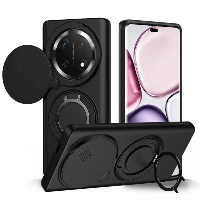 For Honor Magic7 Lite 5G  /  X60 Pro 5G  /  X9c 5G Case Magnetic Case Ring Kickstand Slide Camera Cover TPU PC Hybrid Phone Shell - Black