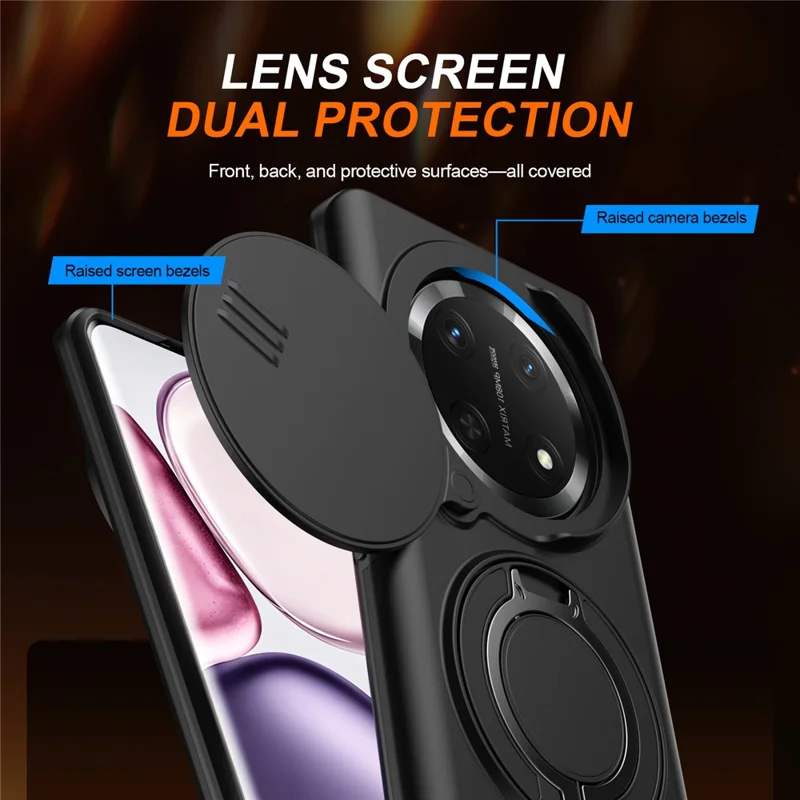For Honor Magic7 Lite 5G  /  X60 Pro 5G  /  X9c 5G Case Magnetic Case Ring Kickstand Slide Camera Cover TPU PC Hybrid Phone Shell - Black