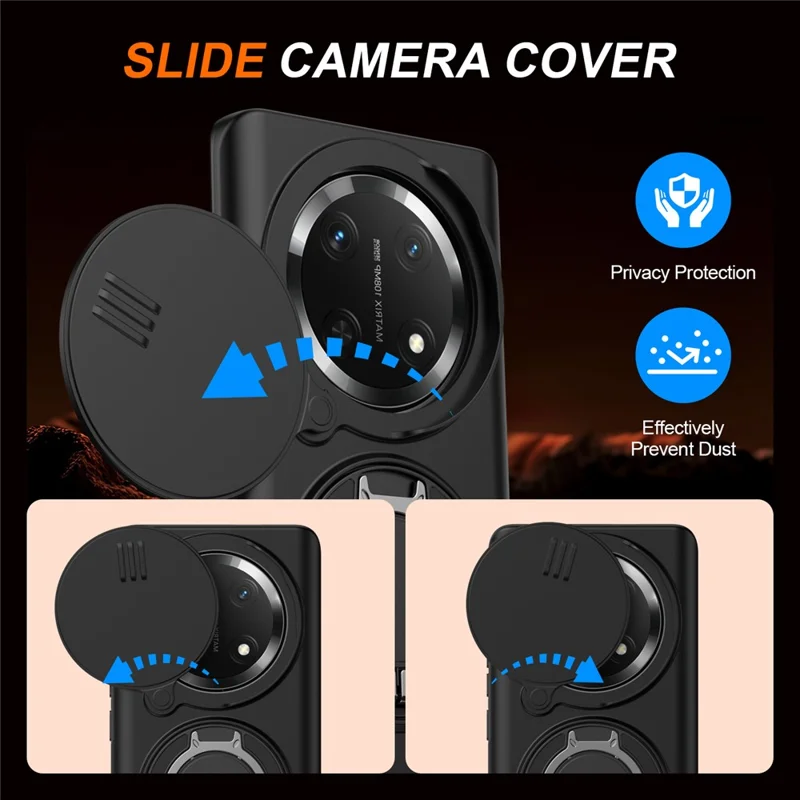 For Honor Magic7 Lite 5G  /  X60 Pro 5G  /  X9c 5G Case Magnetic Case Ring Kickstand Slide Camera Cover TPU PC Hybrid Phone Shell - Black