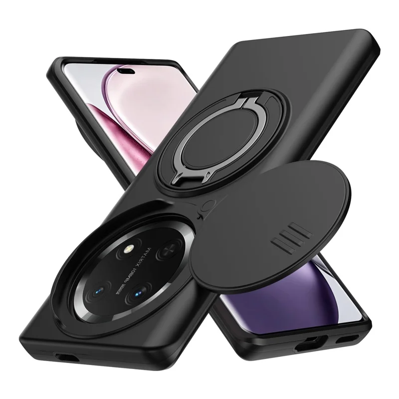 For Honor Magic7 Lite 5G  /  X60 Pro 5G  /  X9c 5G Case Magnetic Case Ring Kickstand Slide Camera Cover TPU PC Hybrid Phone Shell - Black