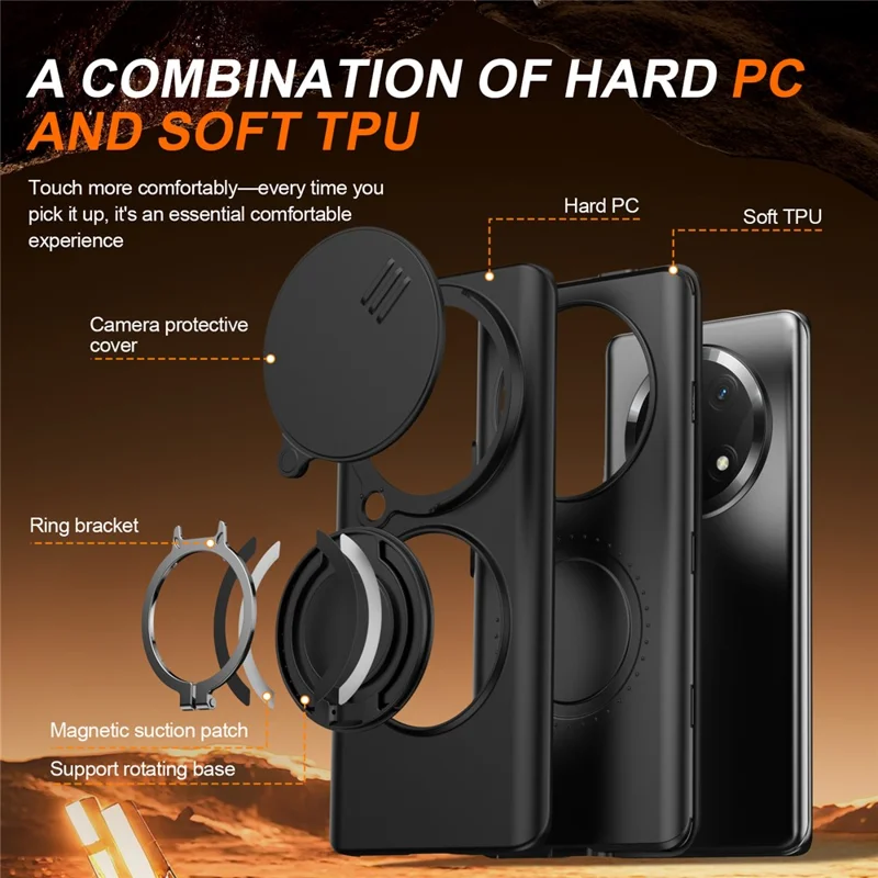 For Honor Magic7 Lite 5G  /  X60 Pro 5G  /  X9c 5G Case Magnetic Case Ring Kickstand Slide Camera Cover TPU PC Hybrid Phone Shell - Black