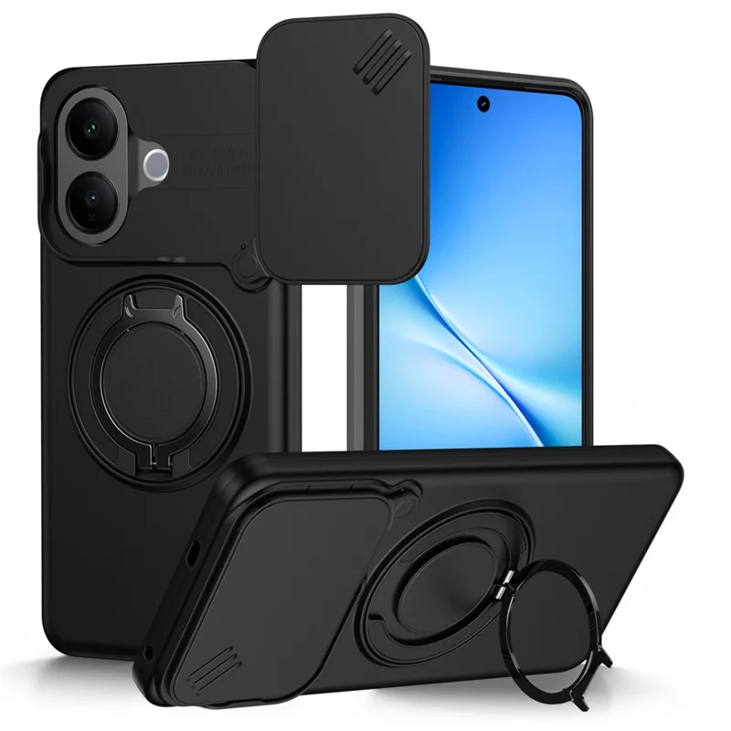 For vivo V60 Lite 5G Case Magnetic Case Ring Kickstand Slide Camera Cover TPU PC Hybrid Phone Shell - Black