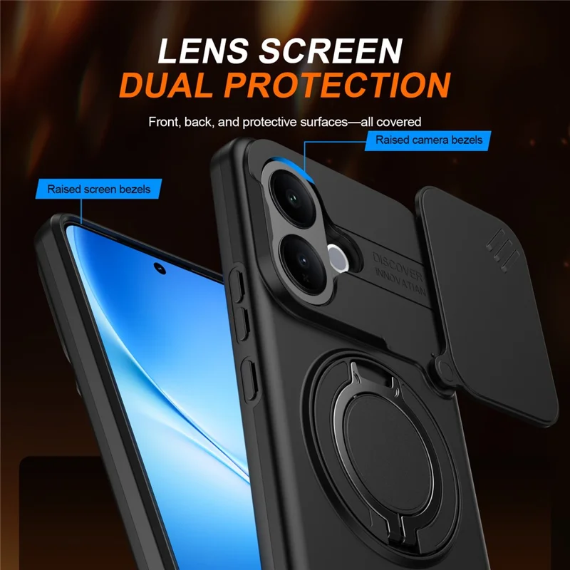 For vivo V60 Lite 5G Case Magnetic Case Ring Kickstand Slide Camera Cover TPU PC Hybrid Phone Shell - Black