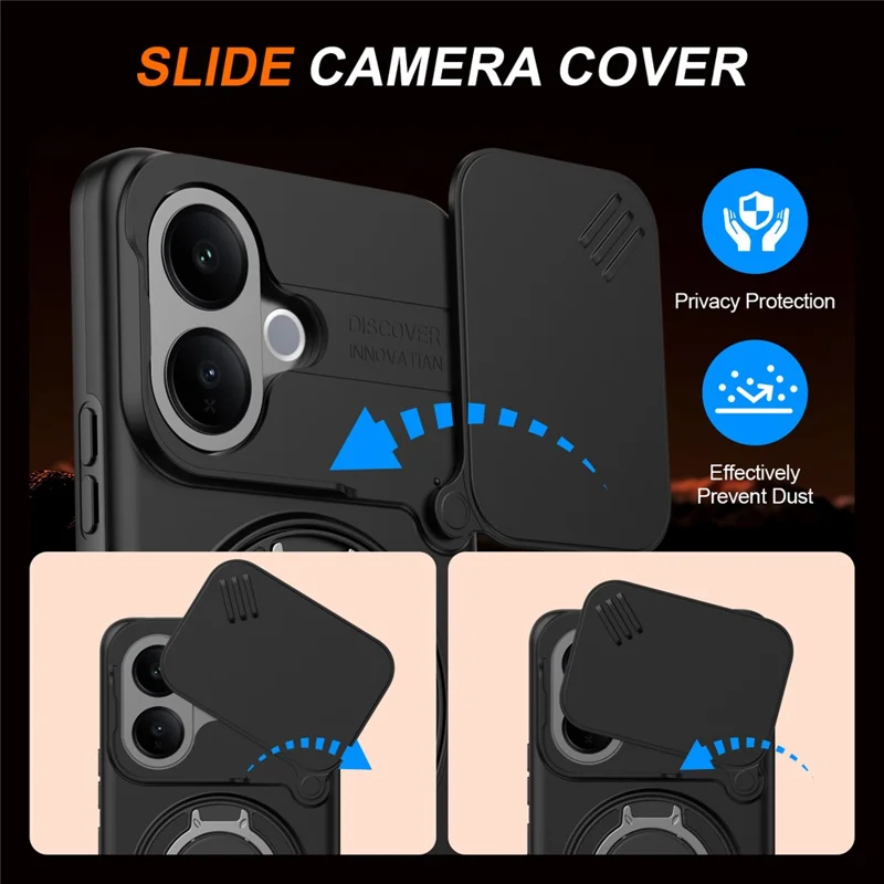 For vivo V60 Lite 5G Case Magnetic Case Ring Kickstand Slide Camera Cover TPU PC Hybrid Phone Shell - Black