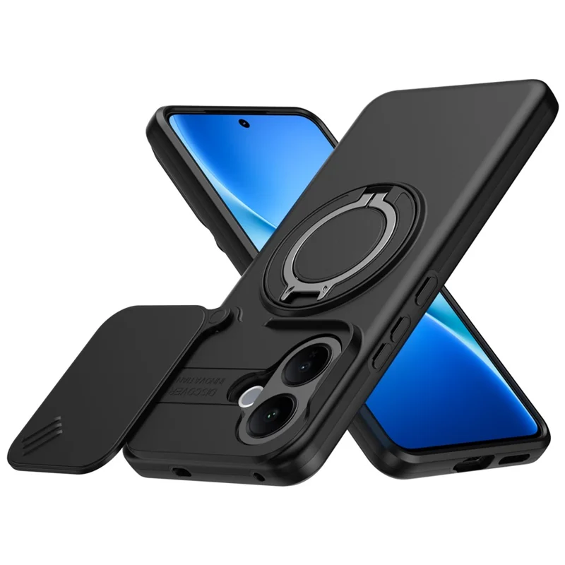 For vivo V60 Lite 5G Case Magnetic Case Ring Kickstand Slide Camera Cover TPU PC Hybrid Phone Shell - Black