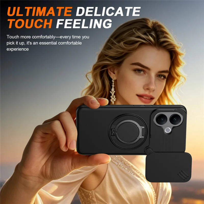 For vivo V60 Lite 5G Case Magnetic Case Ring Kickstand Slide Camera Cover TPU PC Hybrid Phone Shell - Black