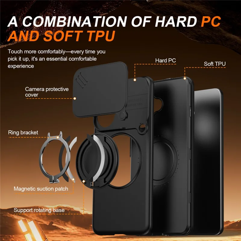 For vivo V60 Lite 5G Case Magnetic Case Ring Kickstand Slide Camera Cover TPU PC Hybrid Phone Shell - Black