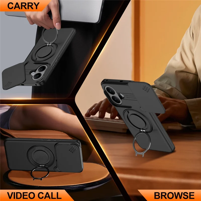 For vivo V60 Lite 5G Case Magnetic Case Ring Kickstand Slide Camera Cover TPU PC Hybrid Phone Shell - Black