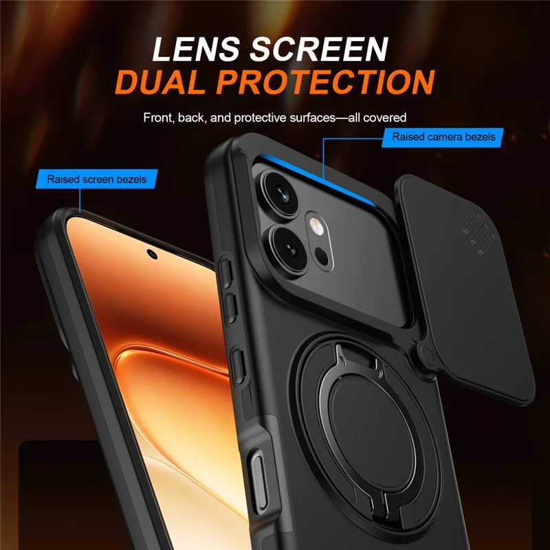Cover per Honor 600 5G / 600 Pro 5G, Custodia Magnetica con Anello Supporto Rotante e Coperchio Scorrevole per Fotocamera, Cover ibrida in TPU e PC - Nero