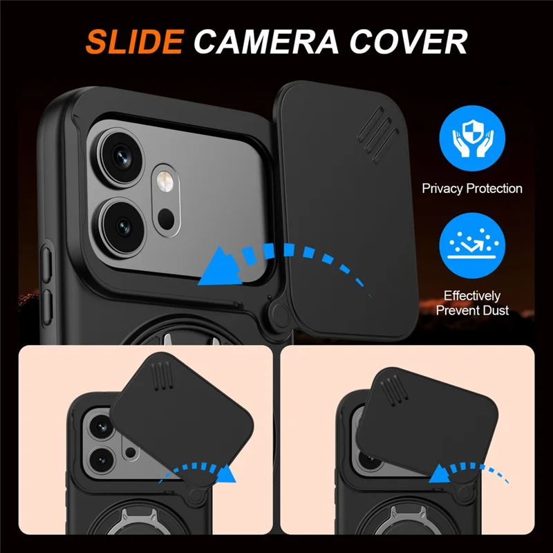 Cover per Honor 600 5G / 600 Pro 5G, Custodia Magnetica con Anello Supporto Rotante e Coperchio Scorrevole per Fotocamera, Cover ibrida in TPU e PC - Nero