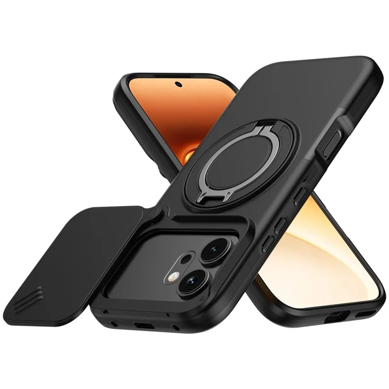 Cover per Honor 600 5G / 600 Pro 5G, Custodia Magnetica con Anello Supporto Rotante e Coperchio Scorrevole per Fotocamera, Cover ibrida in TPU e PC - Nero