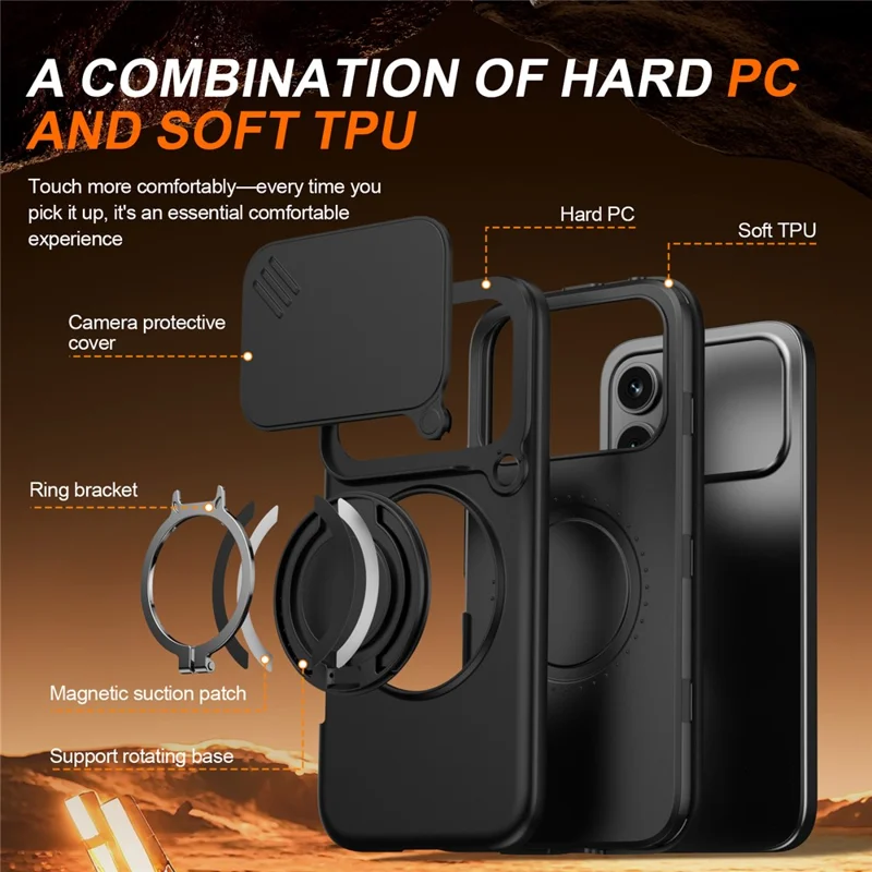 Cover per Honor 600 5G / 600 Pro 5G, Custodia Magnetica con Anello Supporto Rotante e Coperchio Scorrevole per Fotocamera, Cover ibrida in TPU e PC - Nero