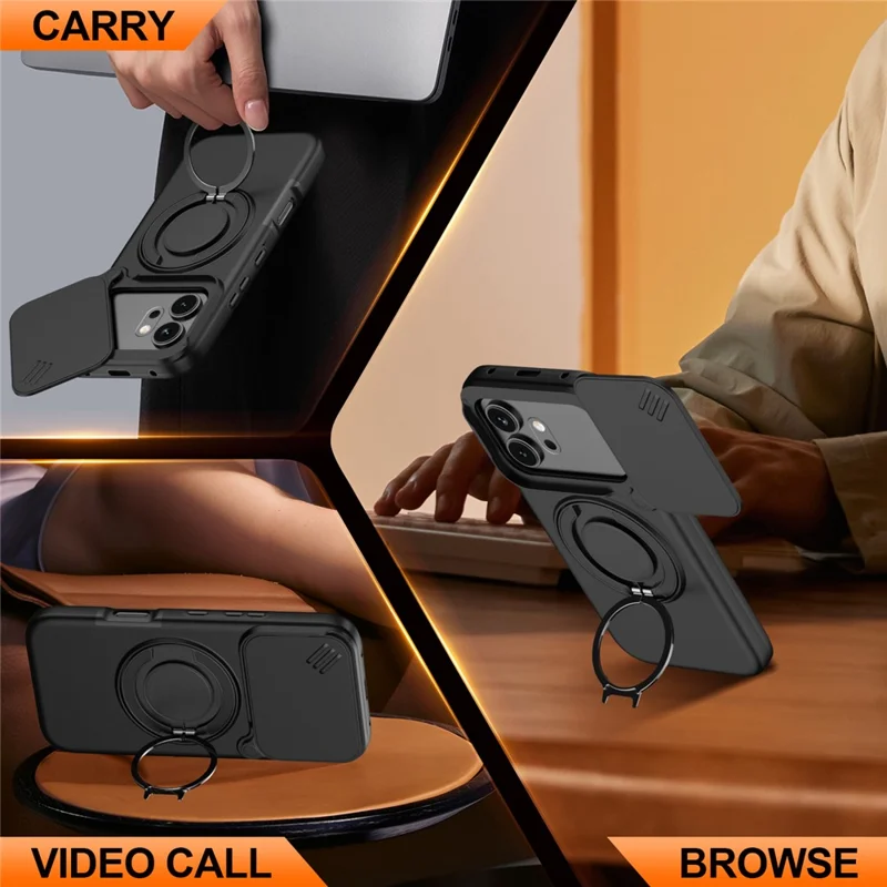 Cover per Honor 600 5G / 600 Pro 5G, Custodia Magnetica con Anello Supporto Rotante e Coperchio Scorrevole per Fotocamera, Cover ibrida in TPU e PC - Nero