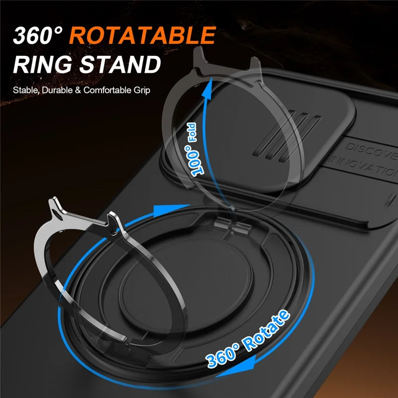 För Honor 600 Lite 5G Fodral Magnetiskt Fodral Med Ringställ Slidkameraöverdrag TPU PC Hybrid Mobilskal - Svart
